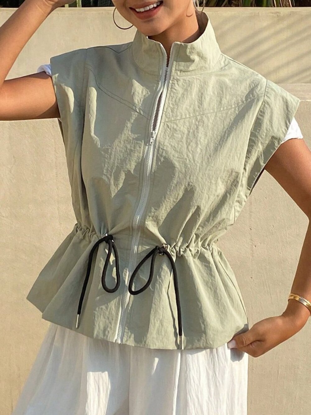 Green Casual Women's Loose Drawstring Waist High Neck Sleeveless Jacket